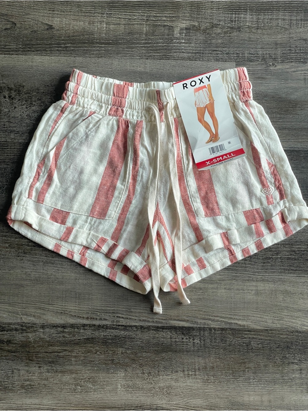Roxy Coral-Striped White Elastic Waist Athletic Shorts